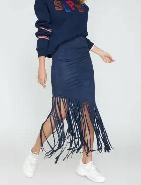 11856 Navy Tassel Detailed Midi Skirt