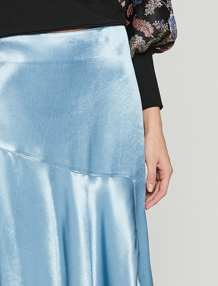 12089 Blue Asymmetric Midi Skirt