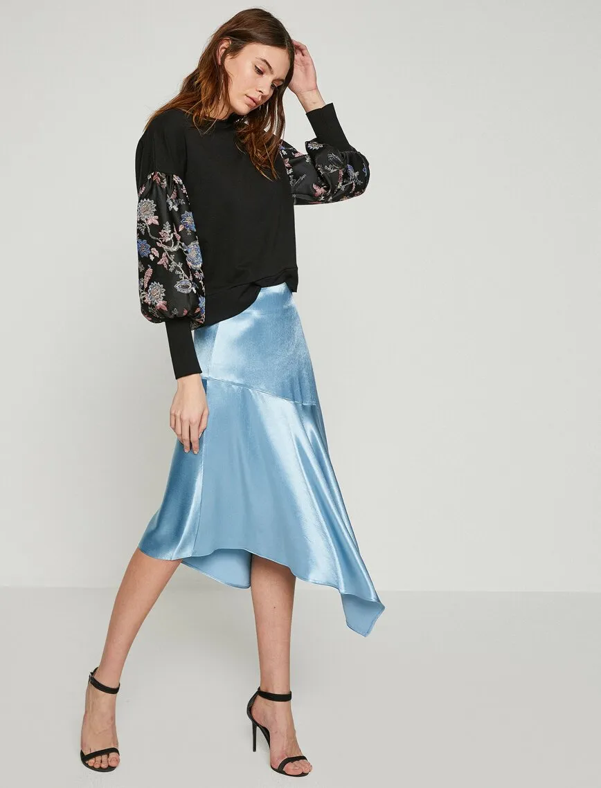 12089 Blue Asymmetric Midi Skirt