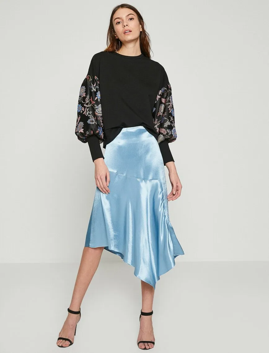 12089 Blue Asymmetric Midi Skirt