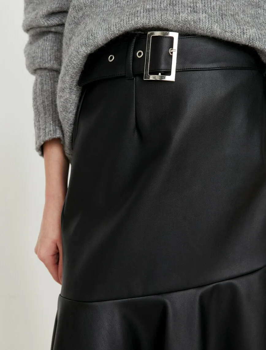 12098 Black Leather Look Midi Skirt