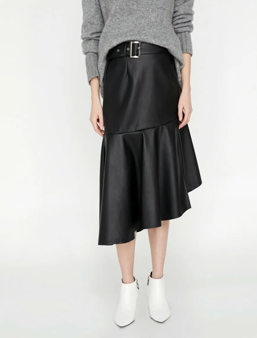 12098 Black Leather Look Midi Skirt