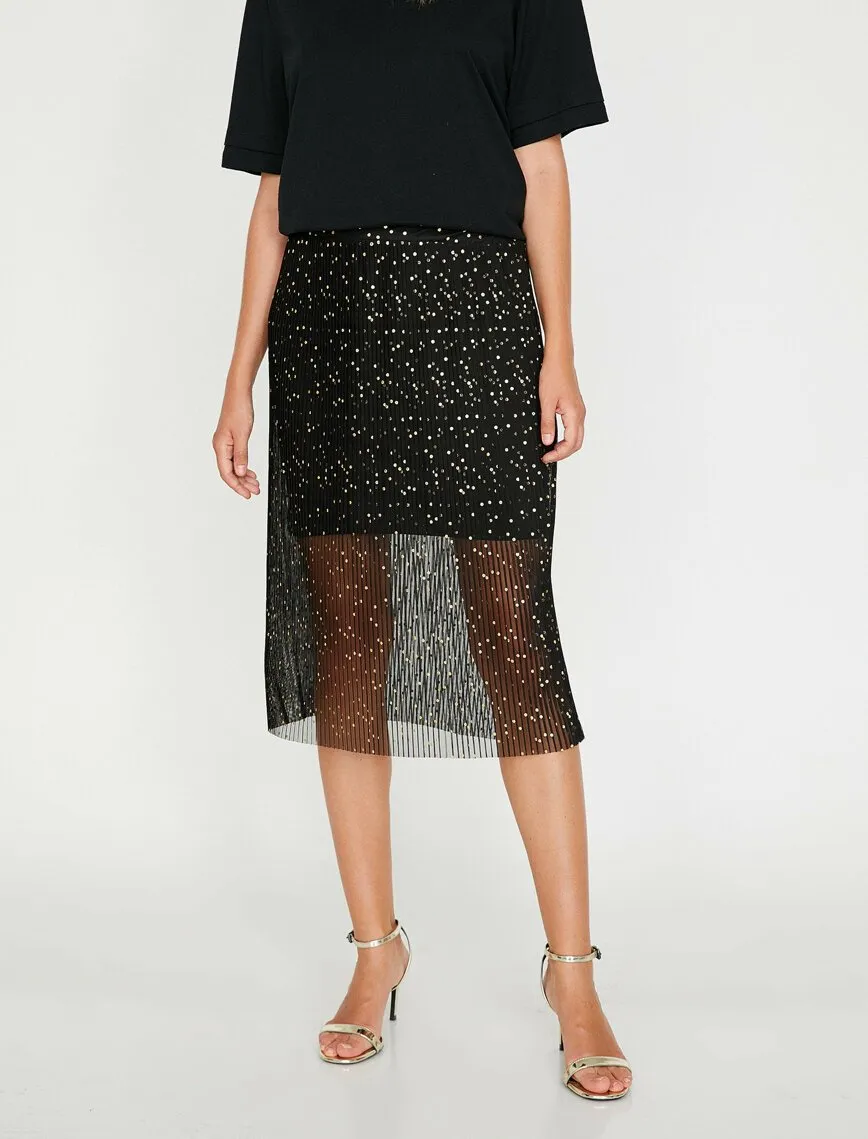 12161 Black Tulle Detailed Midi Skirt