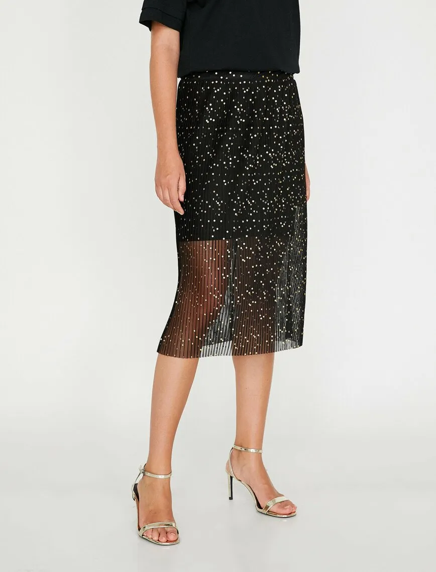 12161 Black Tulle Detailed Midi Skirt