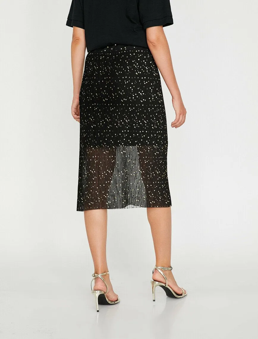 12161 Black Tulle Detailed Midi Skirt