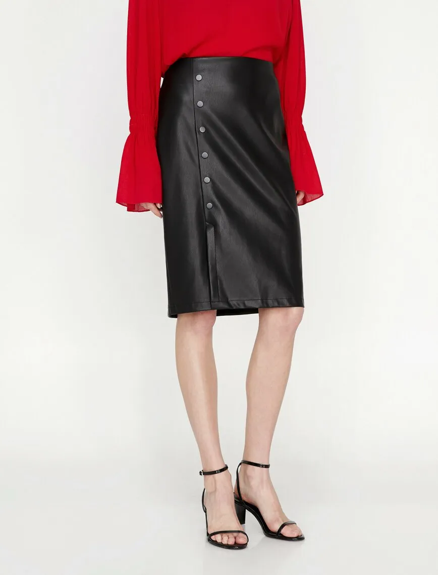 12228 Black Leather Look Midi Skirt