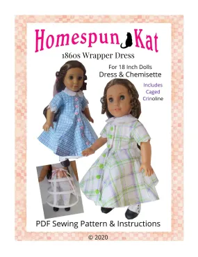 1860s Wrapper Dress 18 Inch Doll Sewing Pattern