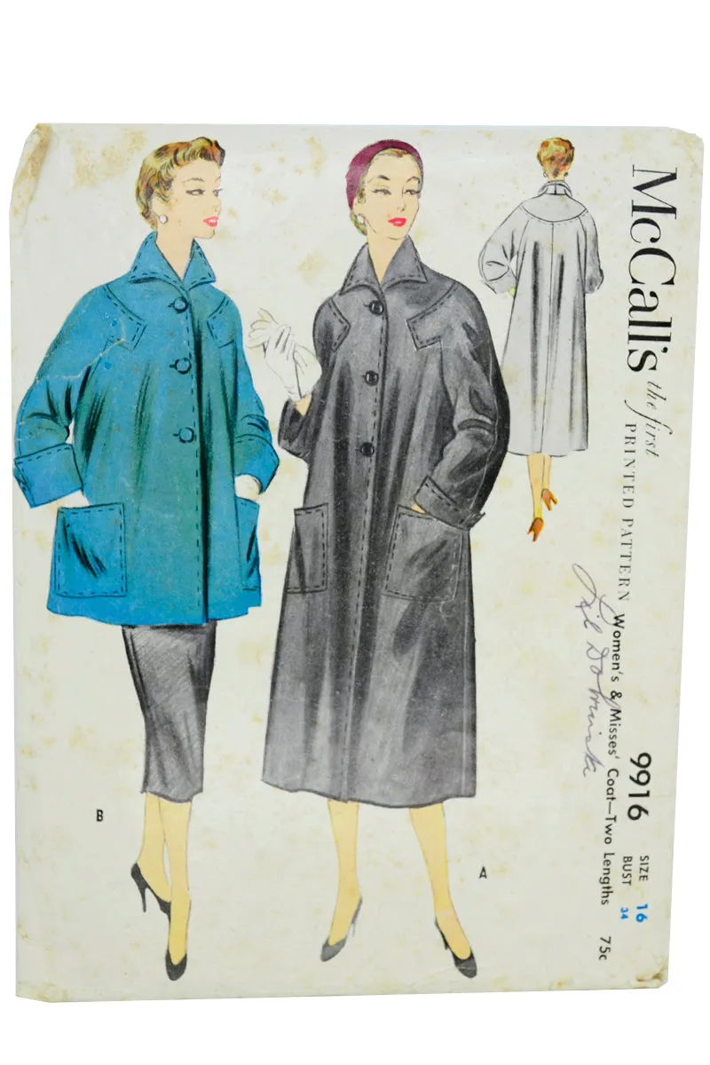 1954 McCalls 9916 Vintage 50s Coat Sewing Pattern