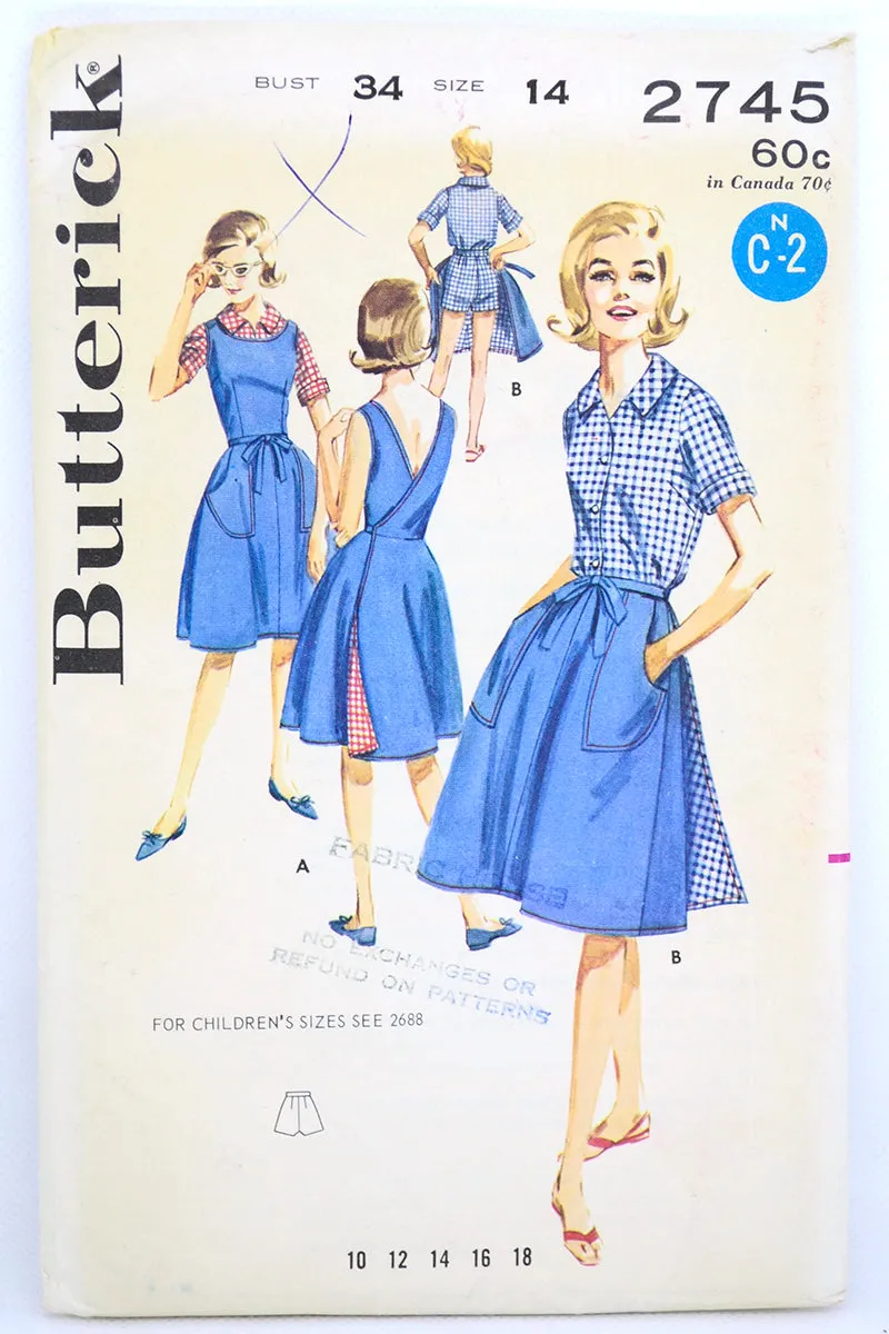 1963 Uncut Butterick 2745 Wrap Around Skirt Dress Shorts & Blouse Pattern