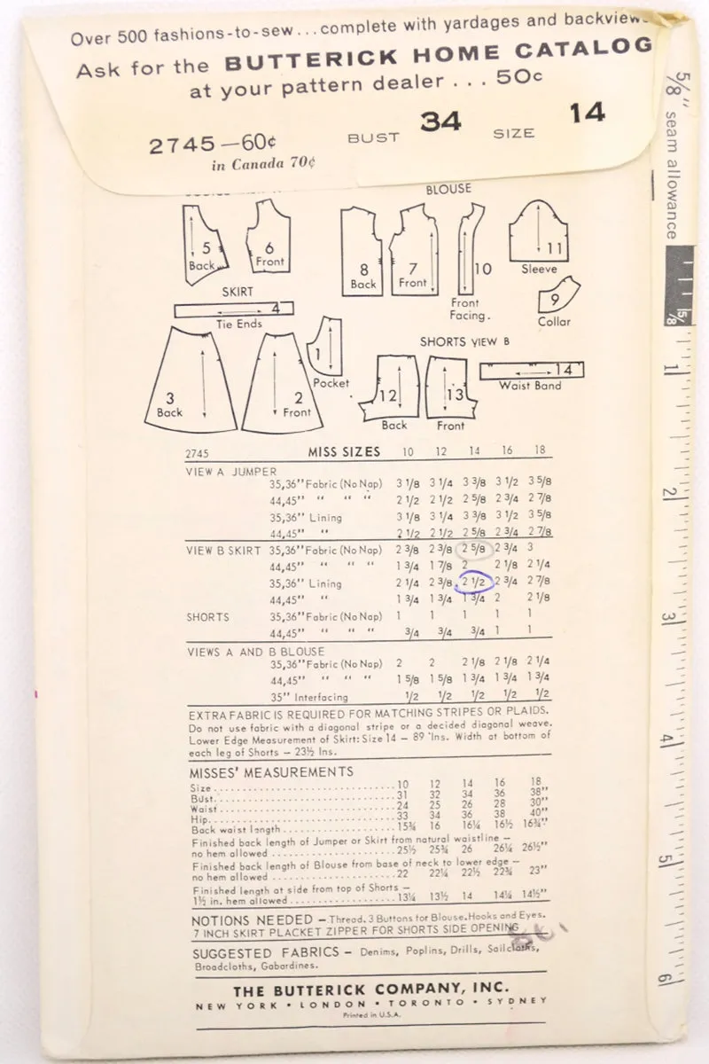 1963 Uncut Butterick 2745 Wrap Around Skirt Dress Shorts & Blouse Pattern