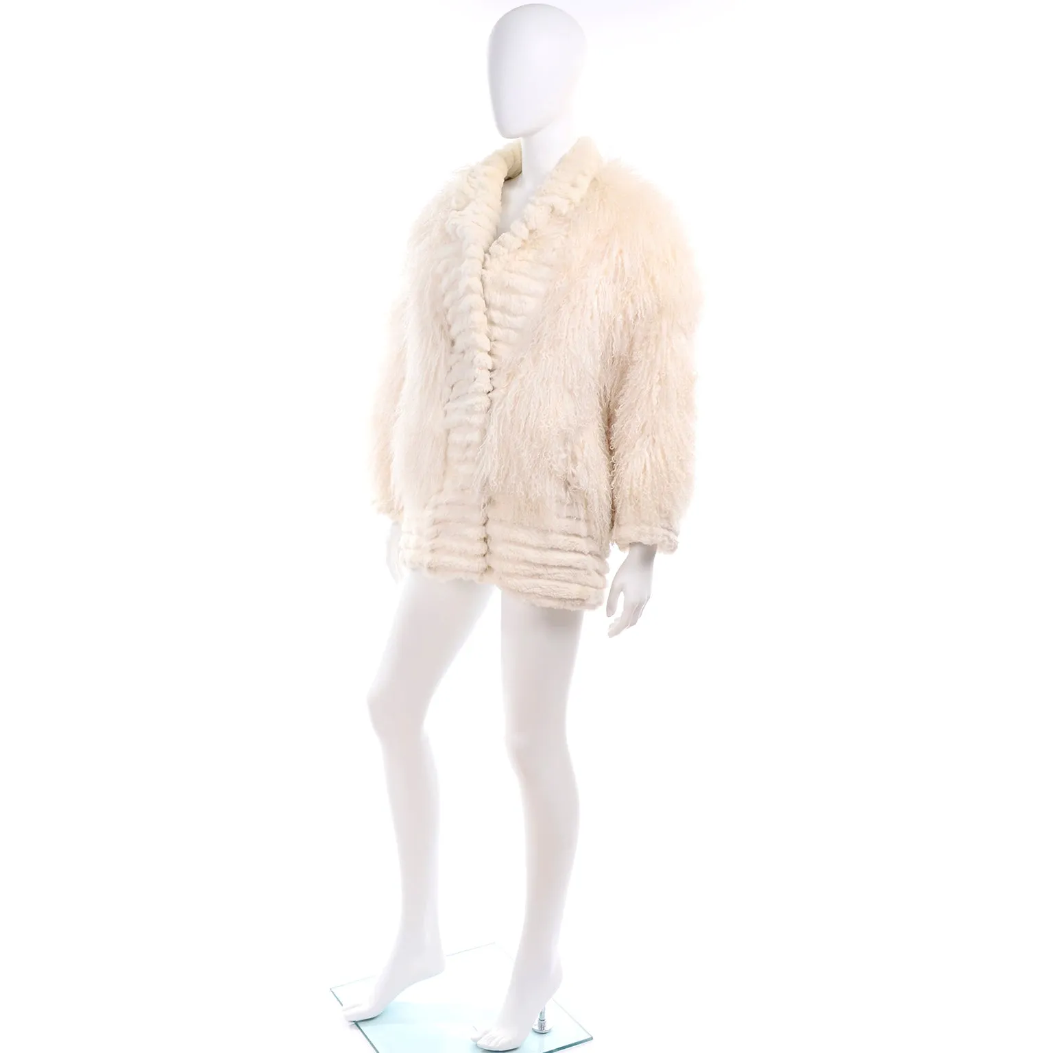 1980s Ivory Cream Tibetan Lamb Fur Coat w/ Rabbit Fur Trim