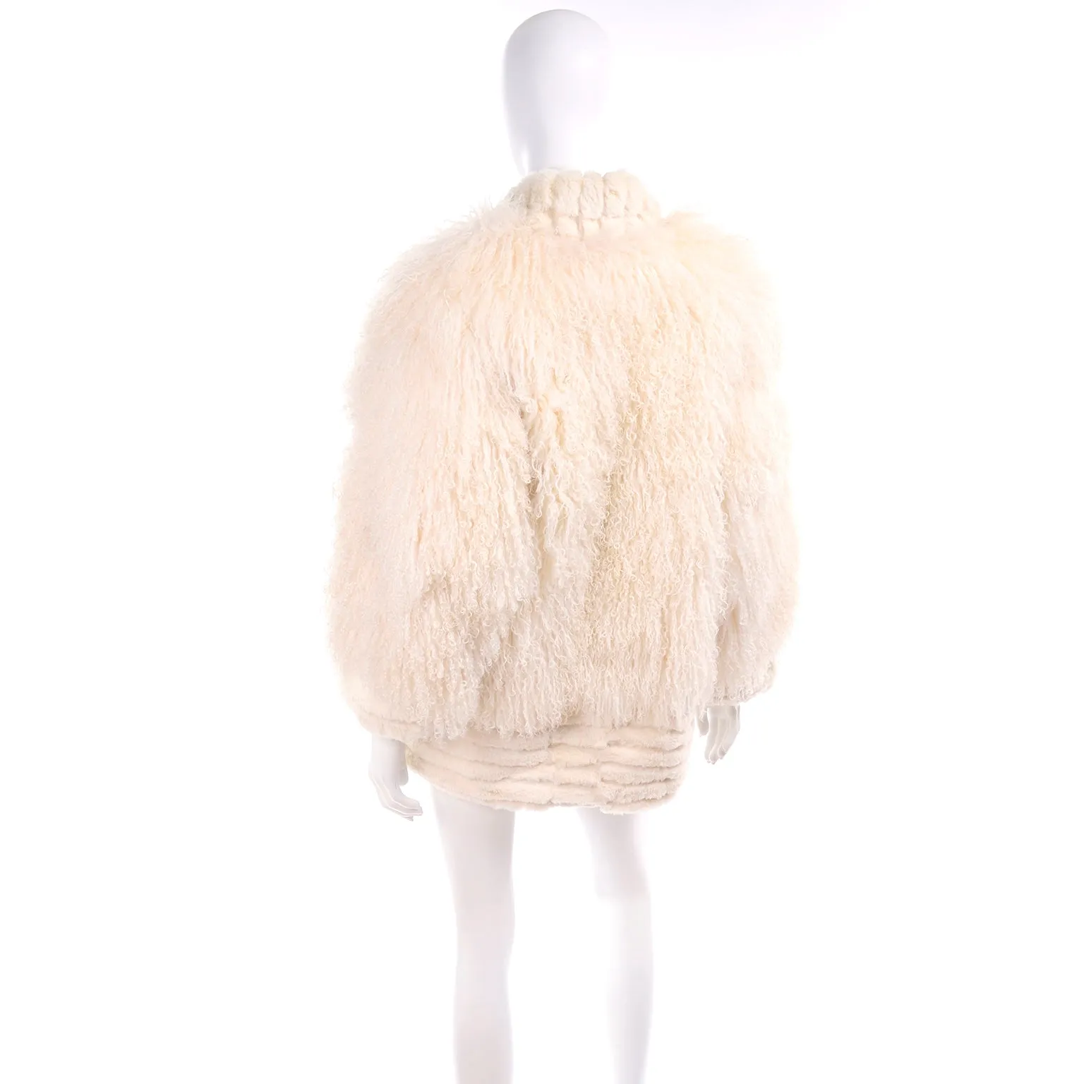 1980s Ivory Cream Tibetan Lamb Fur Coat w/ Rabbit Fur Trim