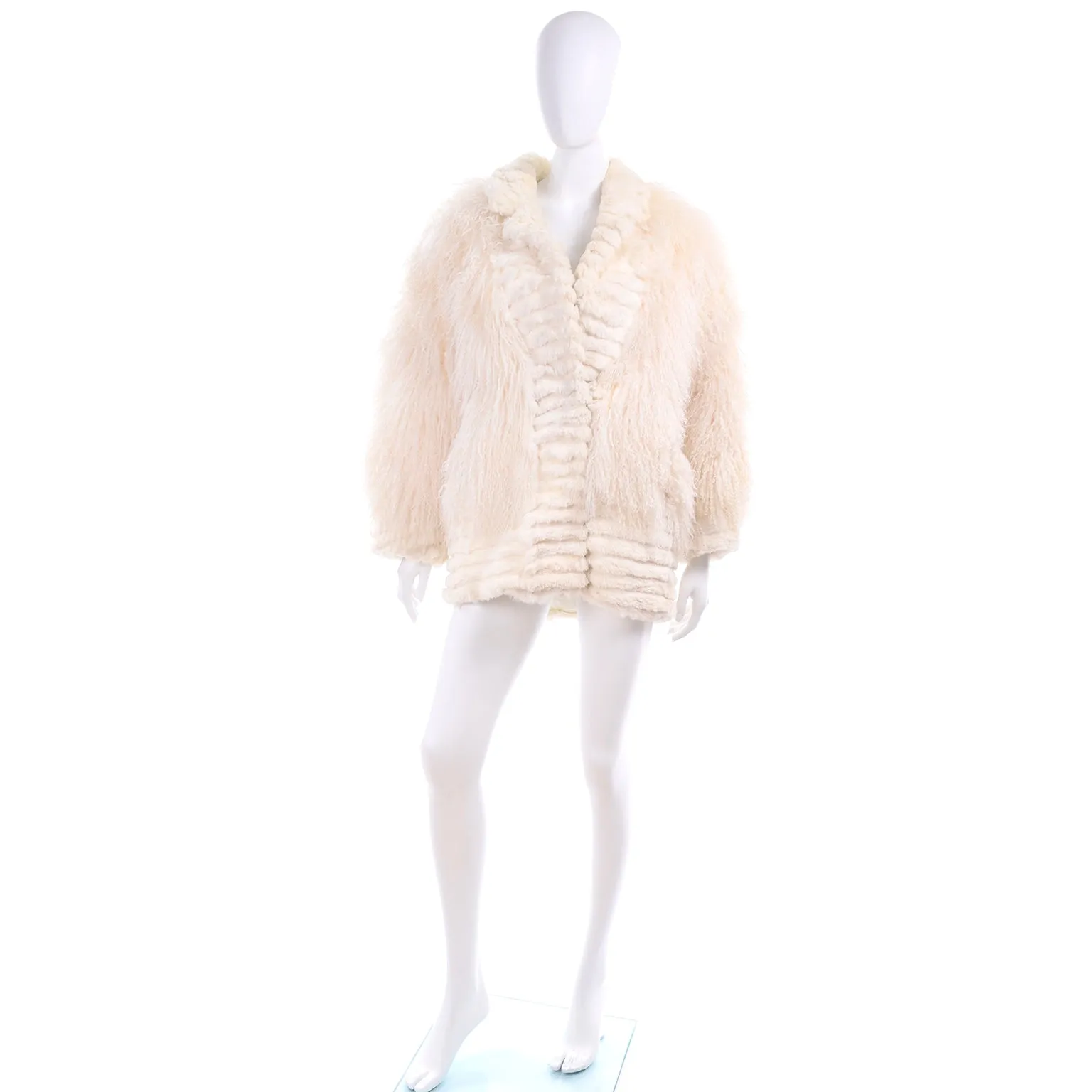 1980s Ivory Cream Tibetan Lamb Fur Coat w/ Rabbit Fur Trim