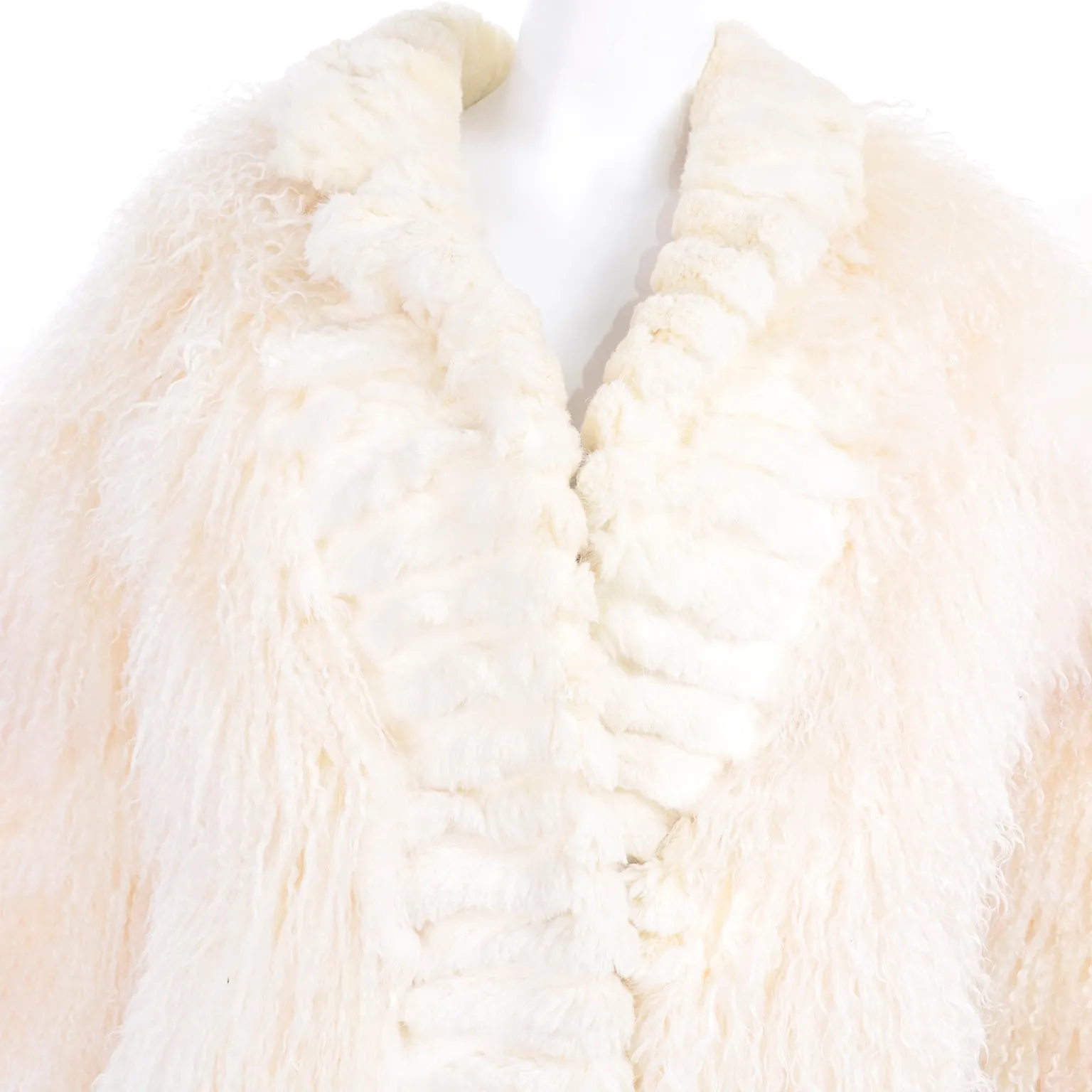 1980s Ivory Cream Tibetan Lamb Fur Coat w/ Rabbit Fur Trim