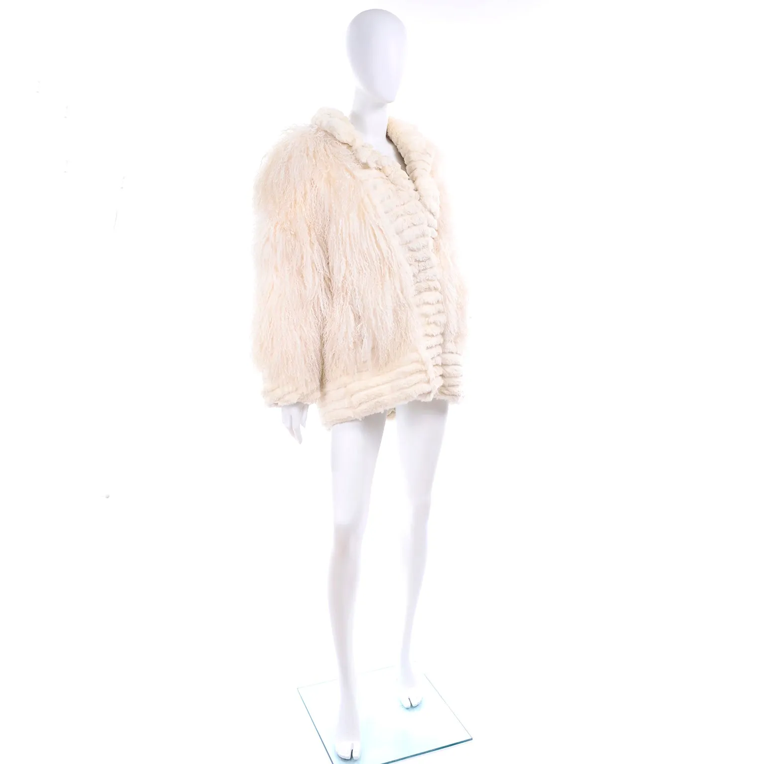 1980s Ivory Cream Tibetan Lamb Fur Coat w/ Rabbit Fur Trim