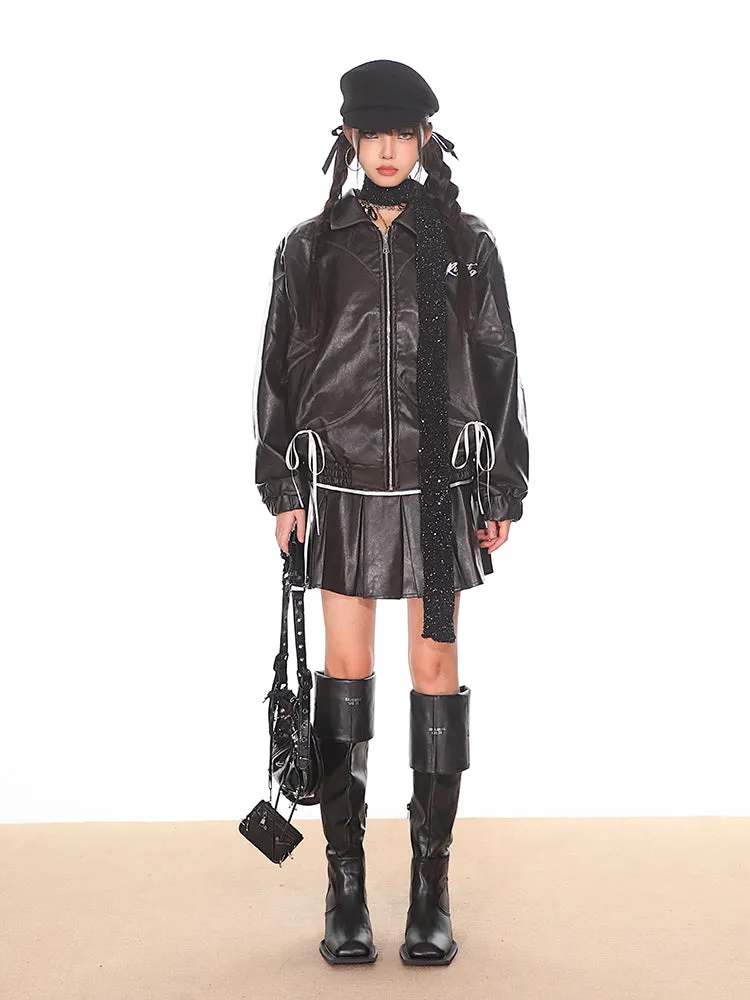 【24s Oct.】Niche Retro Bow Lapel Leather Jacket   Leather Skirt