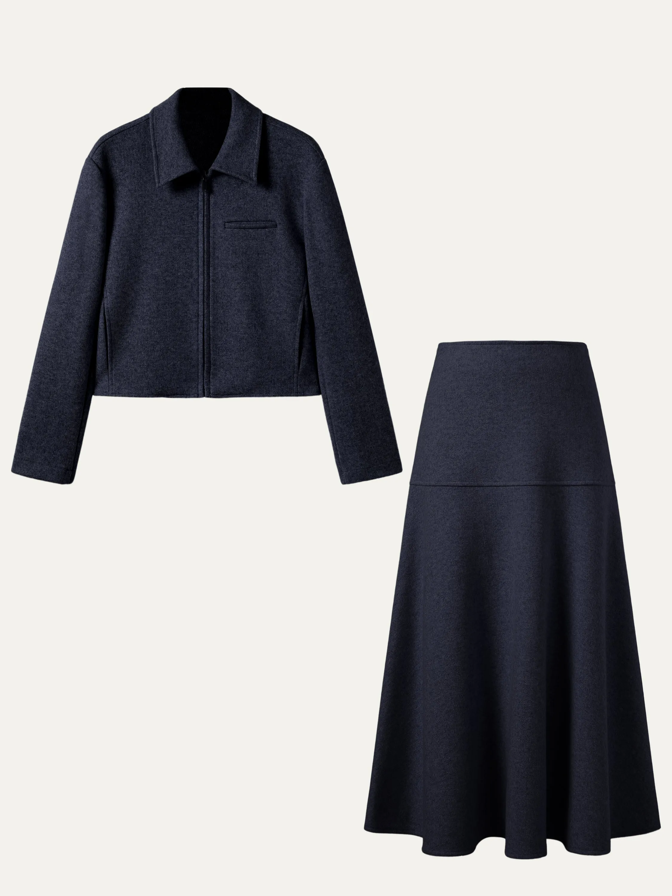 2Pcs Set Full-Zip Cropped Jacket & Flared Maxi Skirt