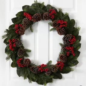 30” Magnolia Leaf, Berry, Pine and Pine Cone Artificial Wreath