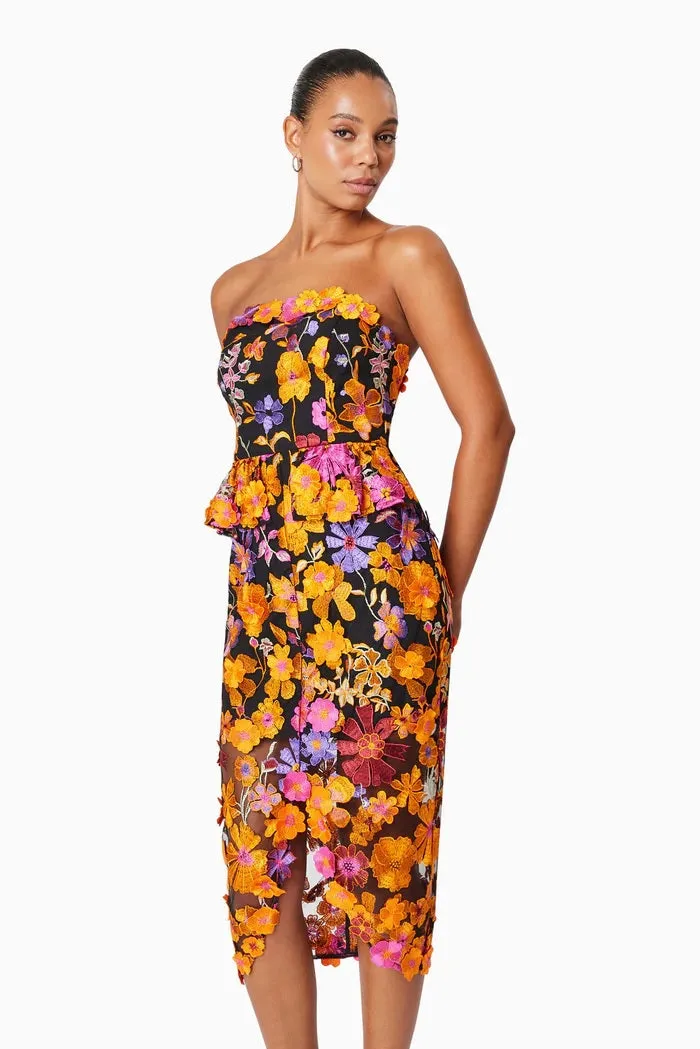 3D Floral Strapless Midi Dress - Orange Multi