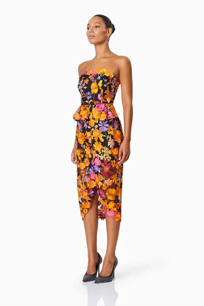 3D Floral Strapless Midi Dress - Orange Multi