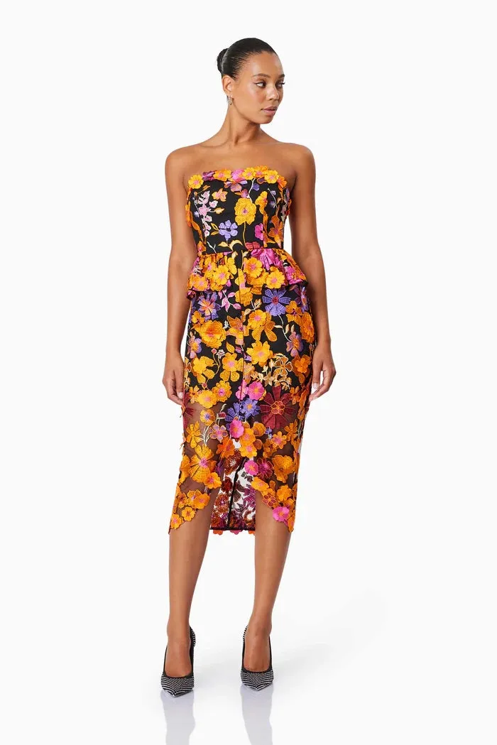 3D Floral Strapless Midi Dress - Orange Multi