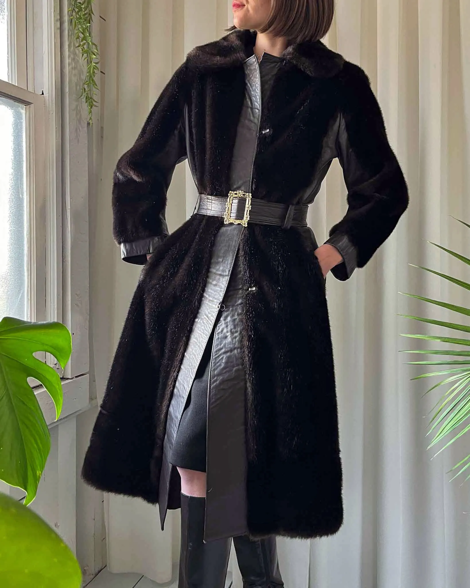 70s Belted Faux Fur Coat | S-M