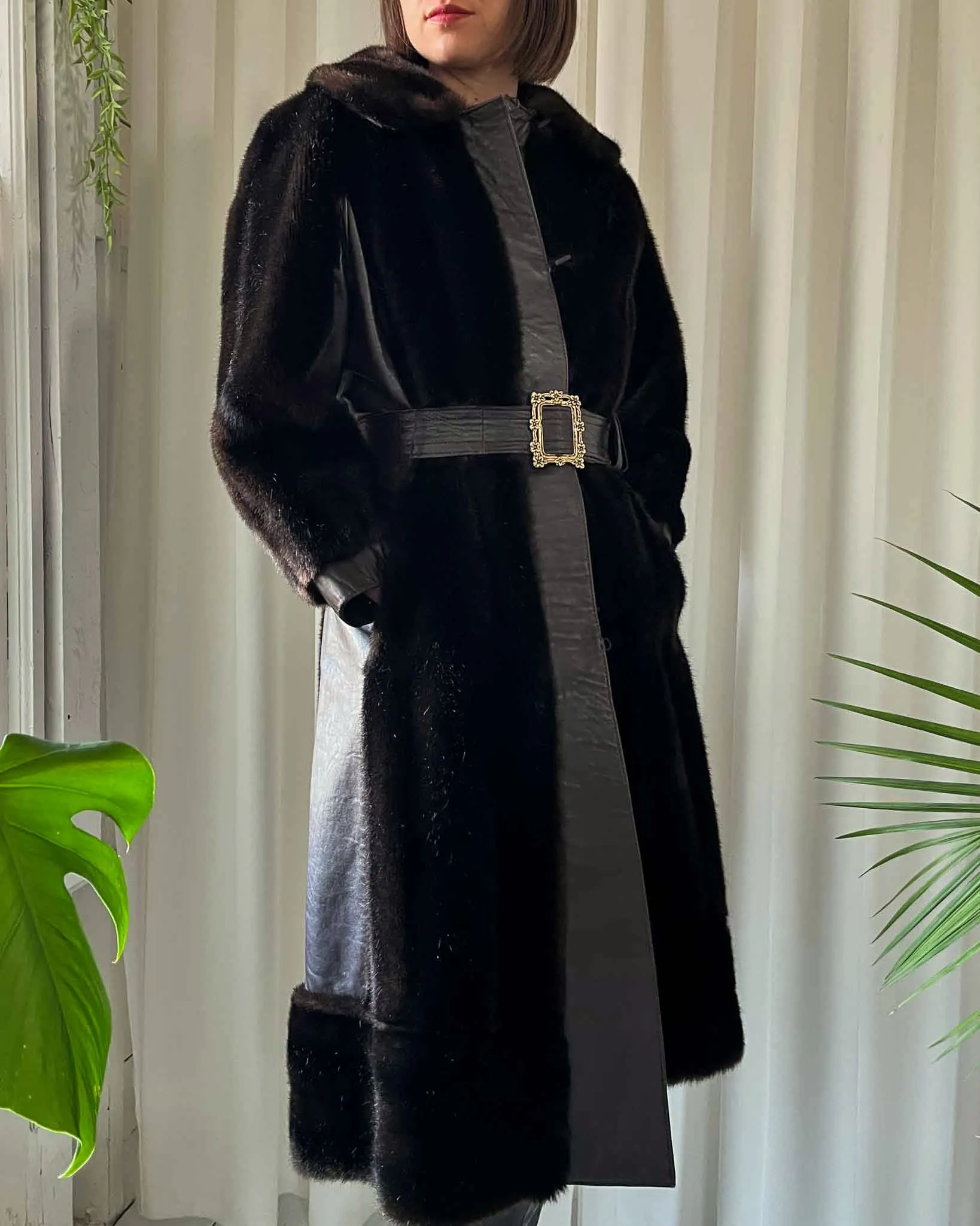 70s Belted Faux Fur Coat | S-M