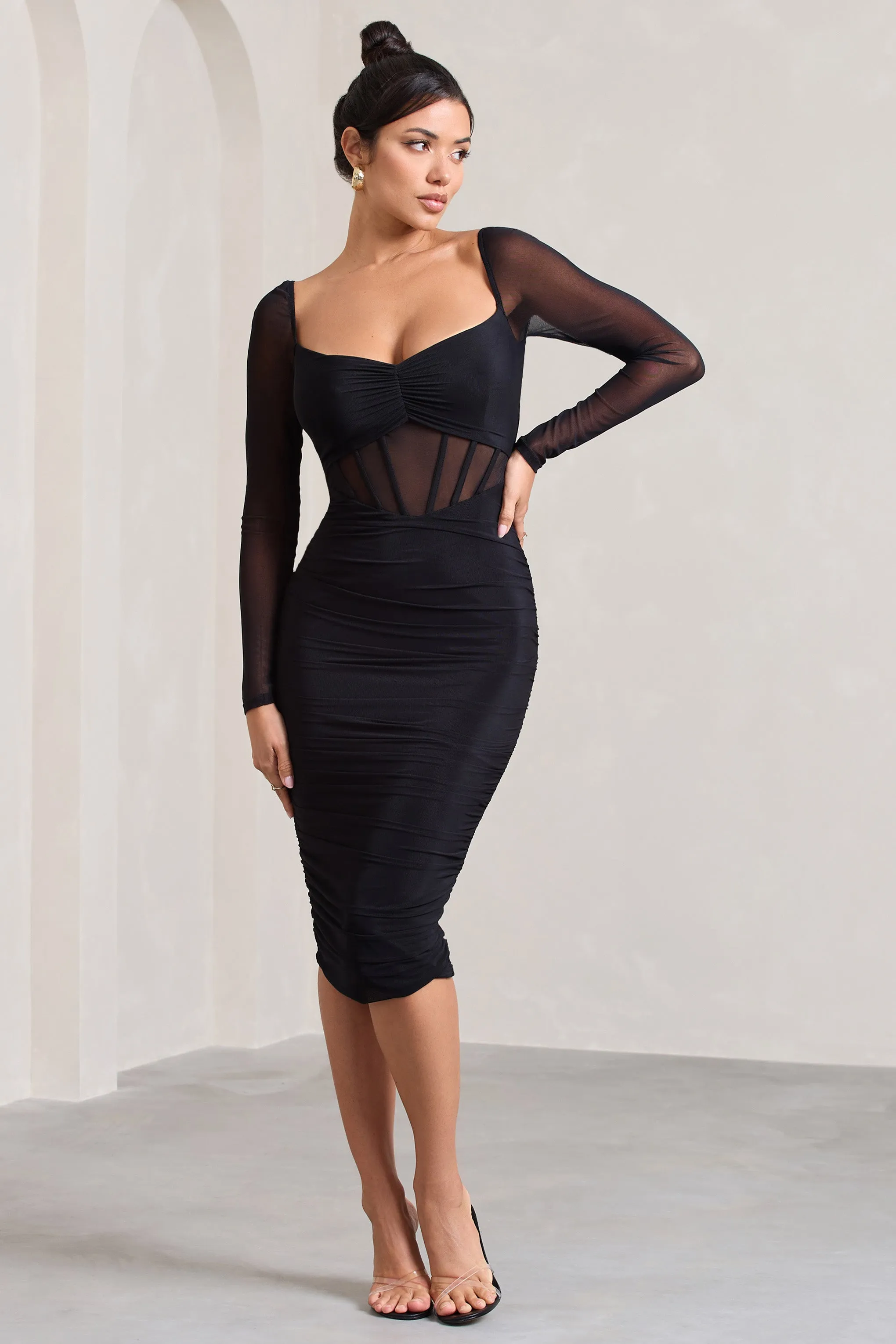 Abiba | Black Ruched Front Corset Midi Dress With Long Sleeves