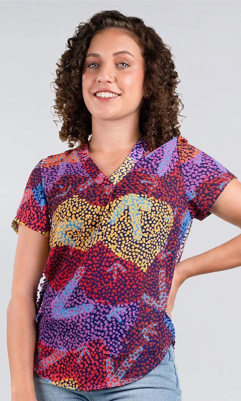 Aboriginal Art V-Neck Short Sleeve Woman's Blouse Yankirri Jukurrpa