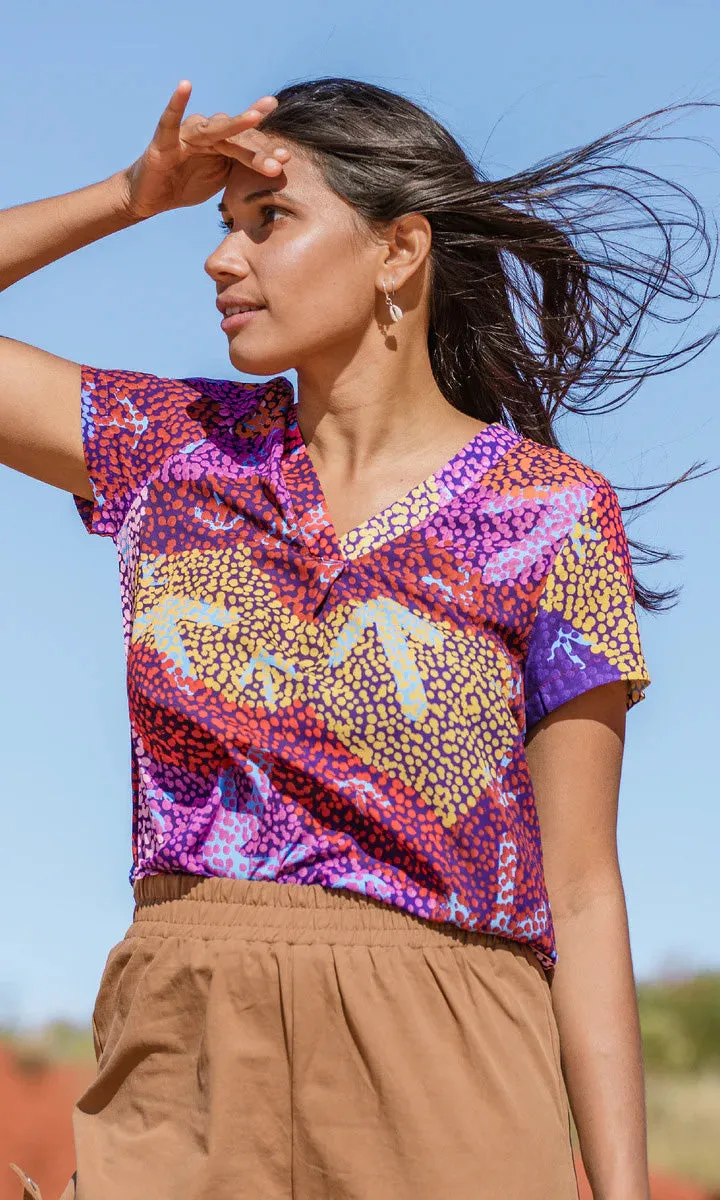 Aboriginal Art V-Neck Short Sleeve Woman's Blouse Yankirri Jukurrpa