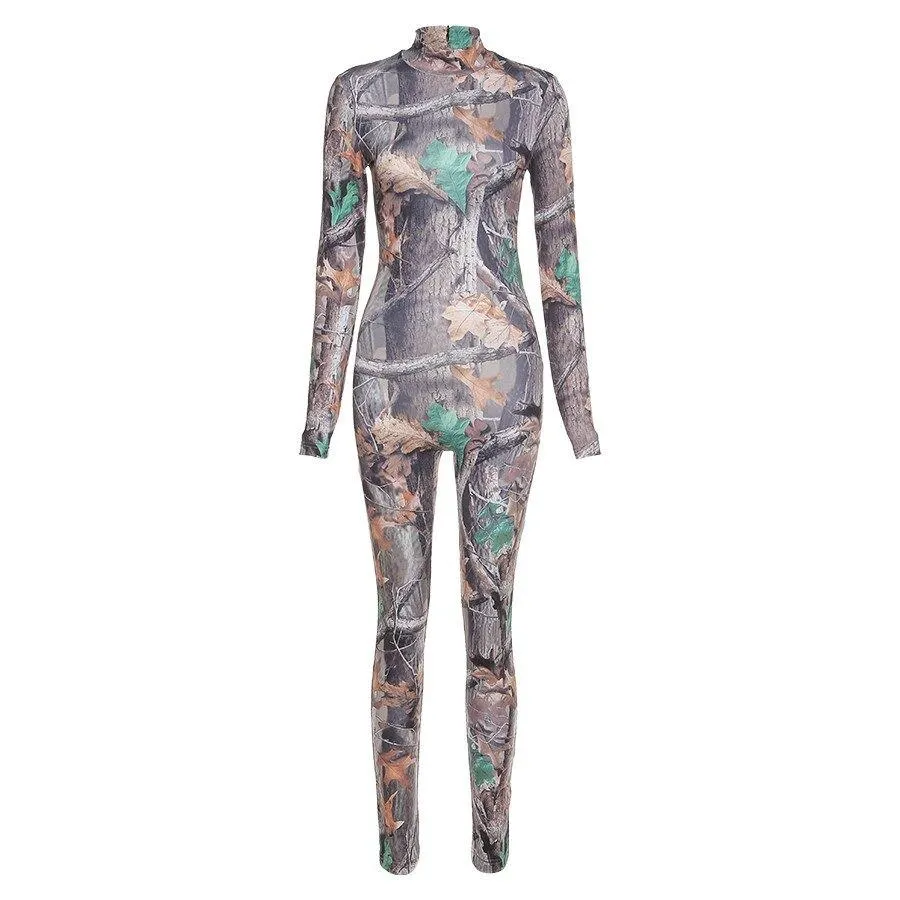 Aesthetic Print Jumpsuit Women Zip Up Skinny Elastic Turtleneck