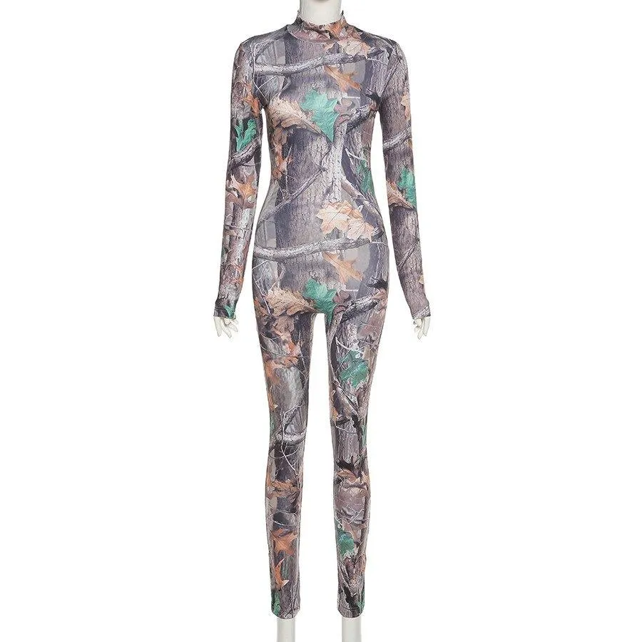 Aesthetic Print Jumpsuit Women Zip Up Skinny Elastic Turtleneck