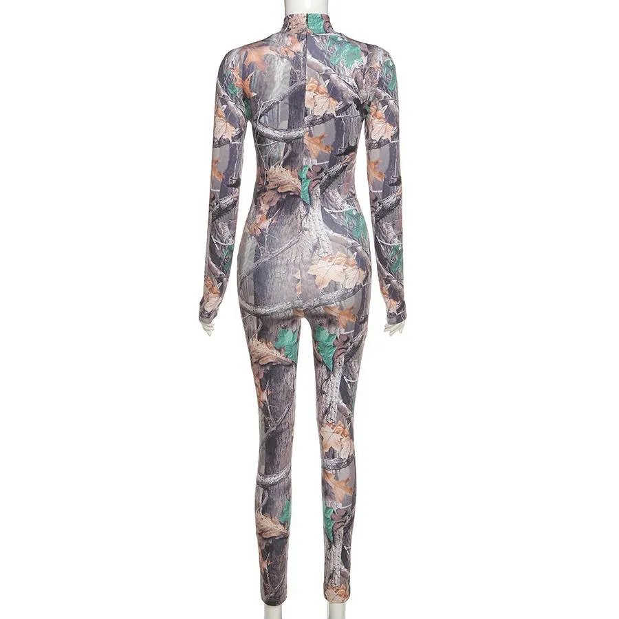 Aesthetic Print Jumpsuit Women Zip Up Skinny Elastic Turtleneck