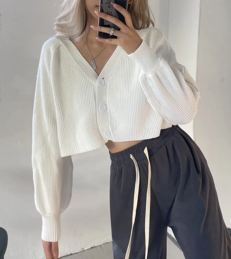 Amozae 1980s fashion trends Short Knitted Cardigan Women's 2024 Autumn V-neck Solid Color Lantern Sleeve Sweater Women's Coat