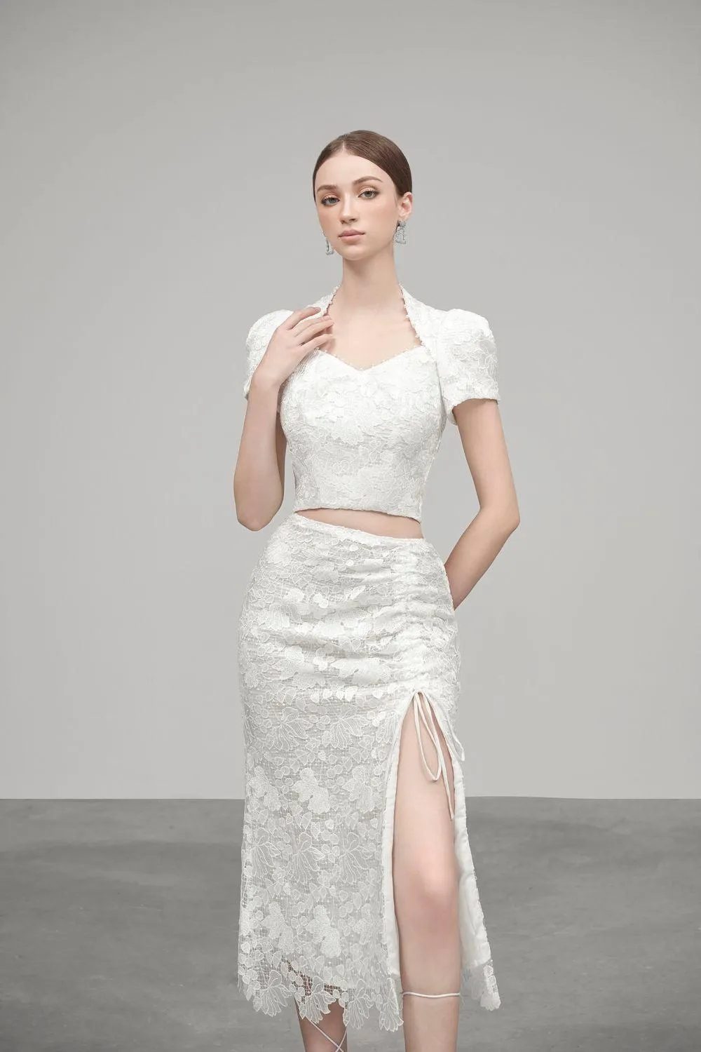 Amy Slit Gathered Embroidered Lace Midi Skirt