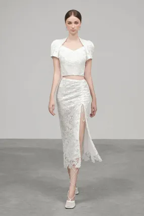 Amy Slit Gathered Embroidered Lace Midi Skirt