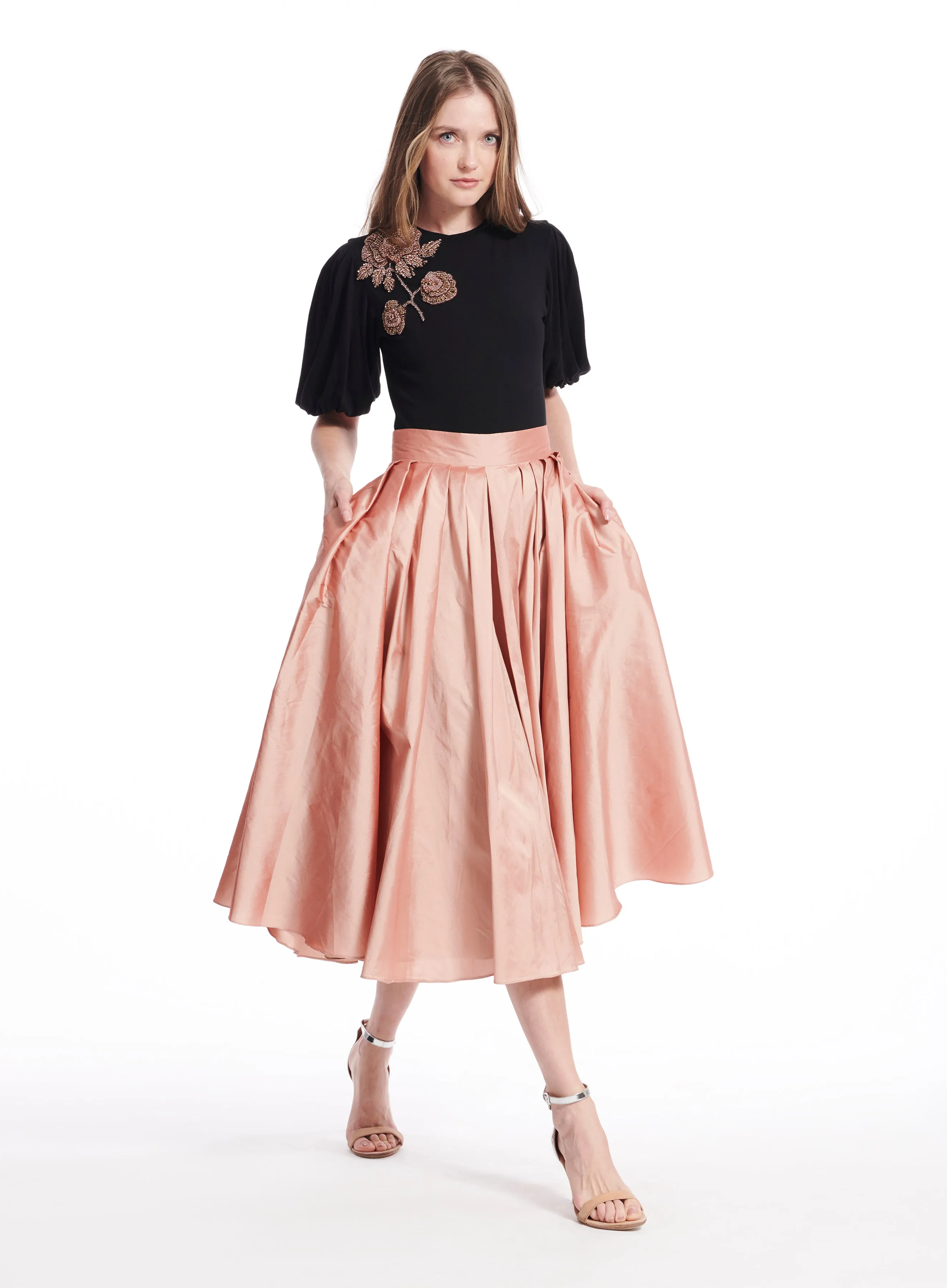 APRICOT TAFFETA TEA LENGTH MIDI SKIRT