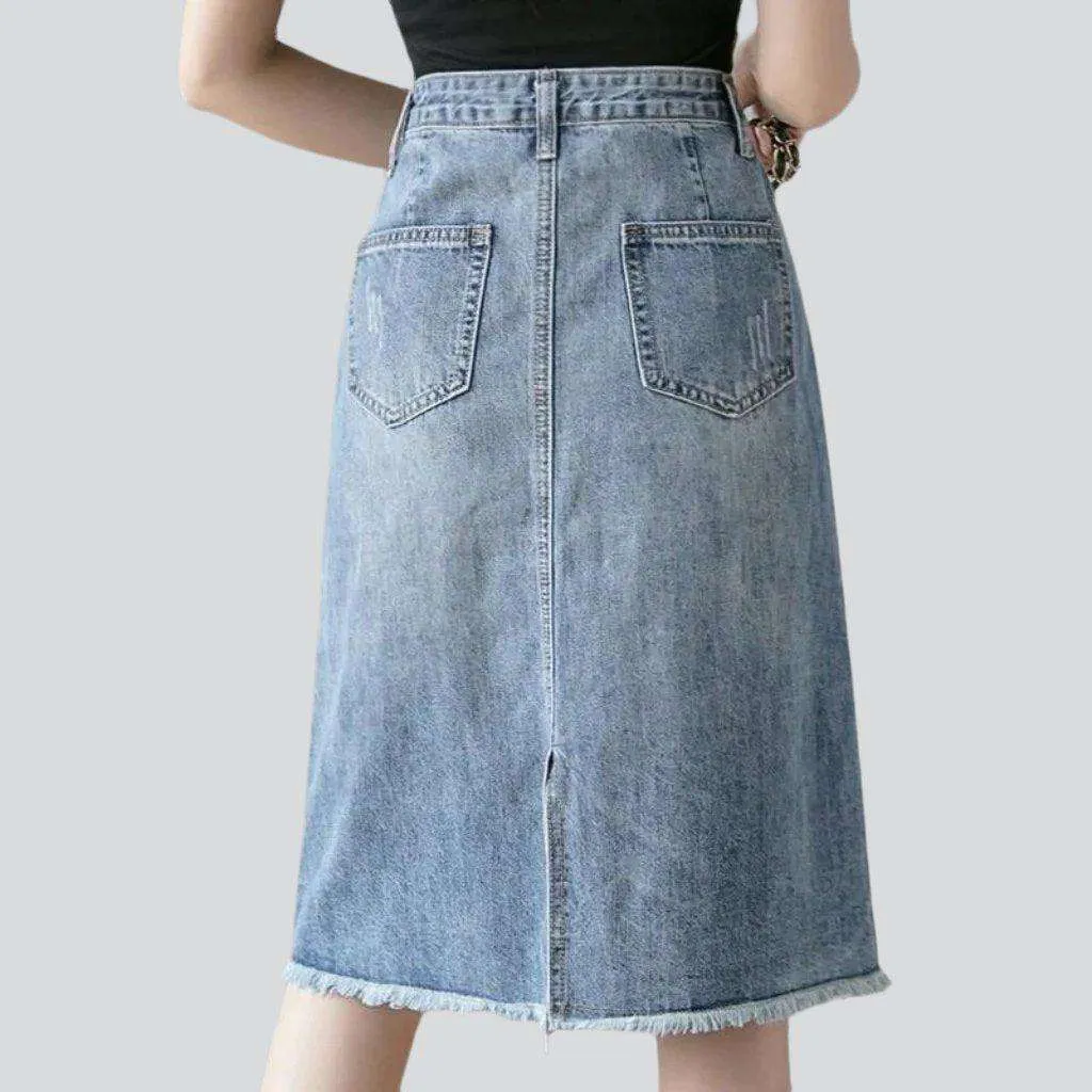 Asymmetric curve embroidered denim skirt