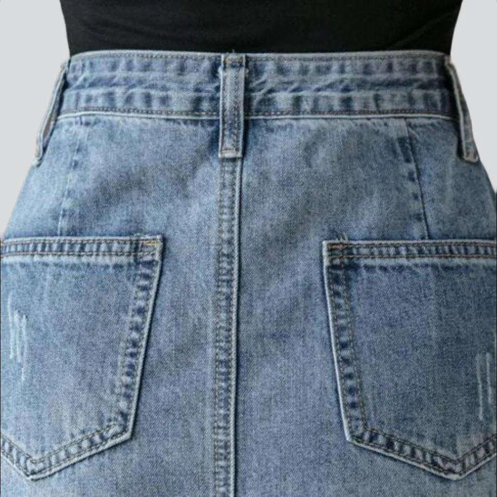 Asymmetric curve embroidered denim skirt