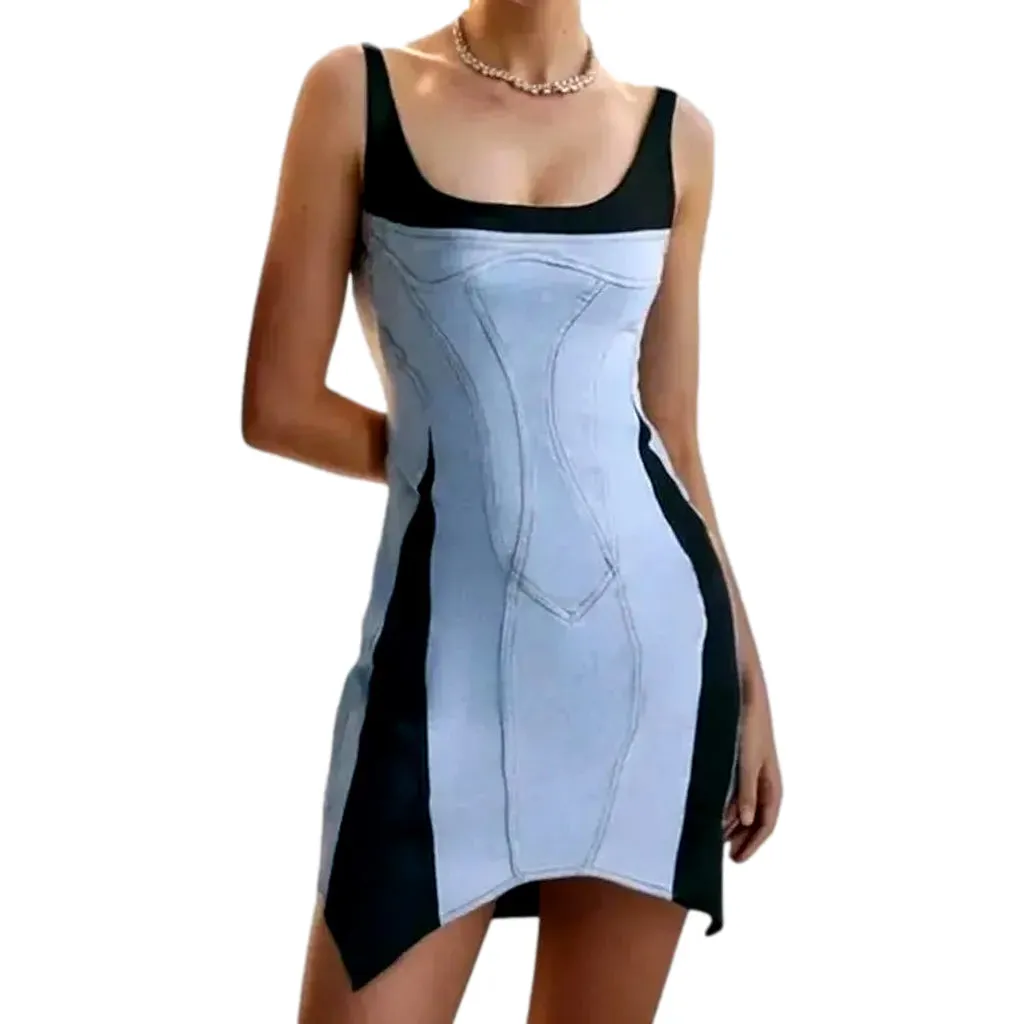 Asymmetrical elastic backless denim dress