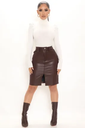 Attention Over Here Faux Leather Midi Skirt - Chocolate