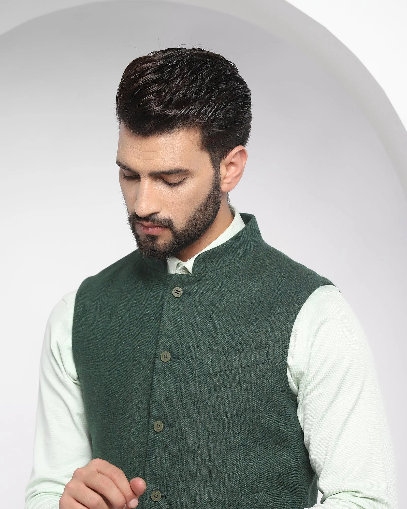 Bandhgala Casual Dark Green Textured Waistcoat - Hades