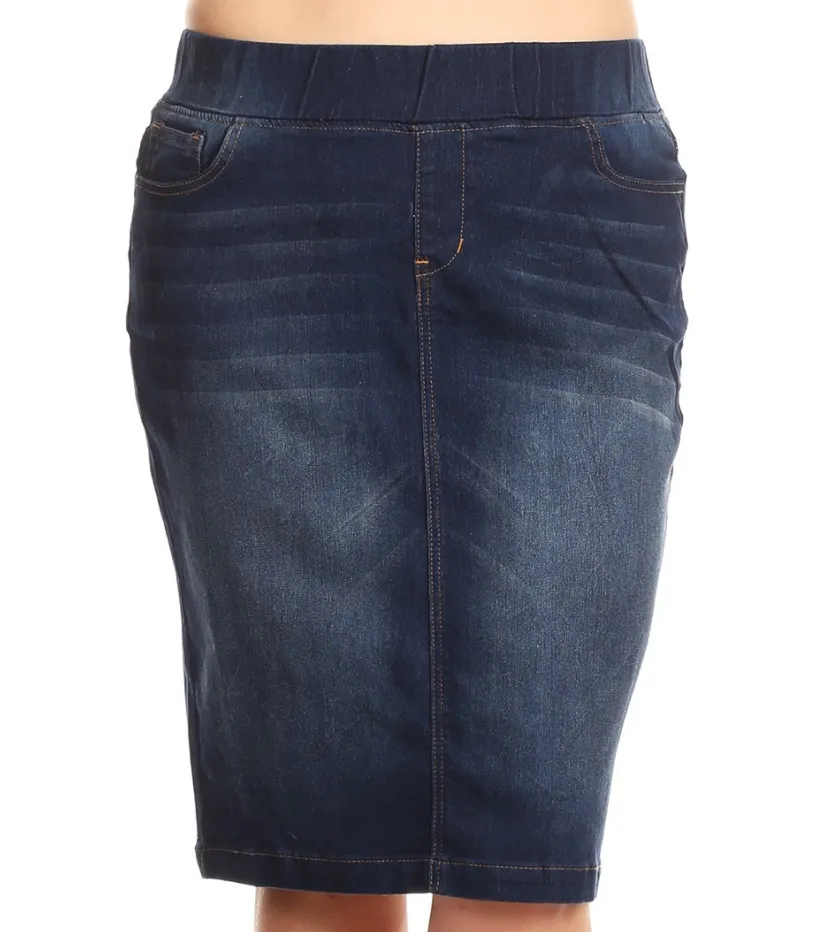 Be-Girl Denim Pencil Skirt Elastic Waistband (Plus)