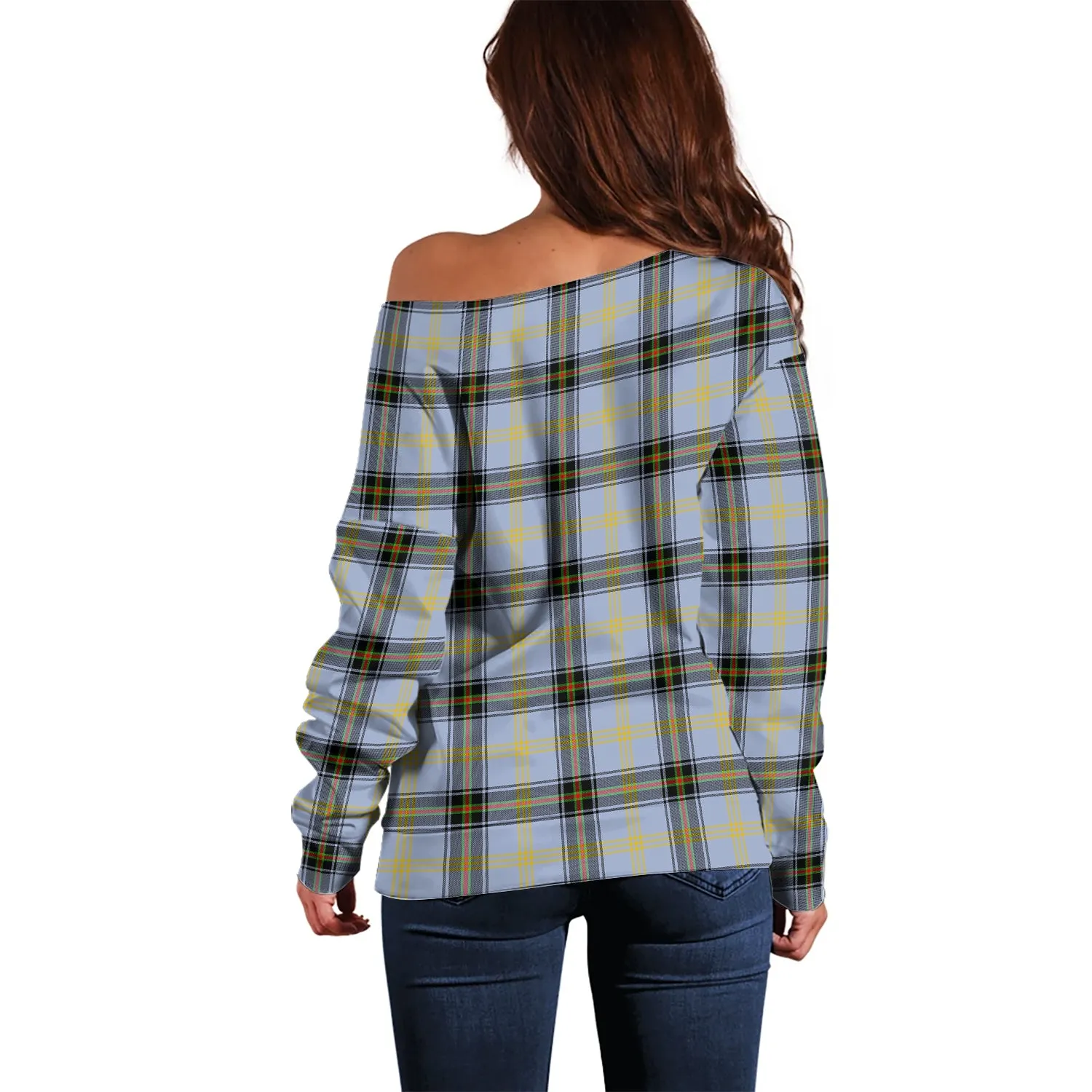 Bell Tartan Off Shoulder Women Sweater with Family Crest