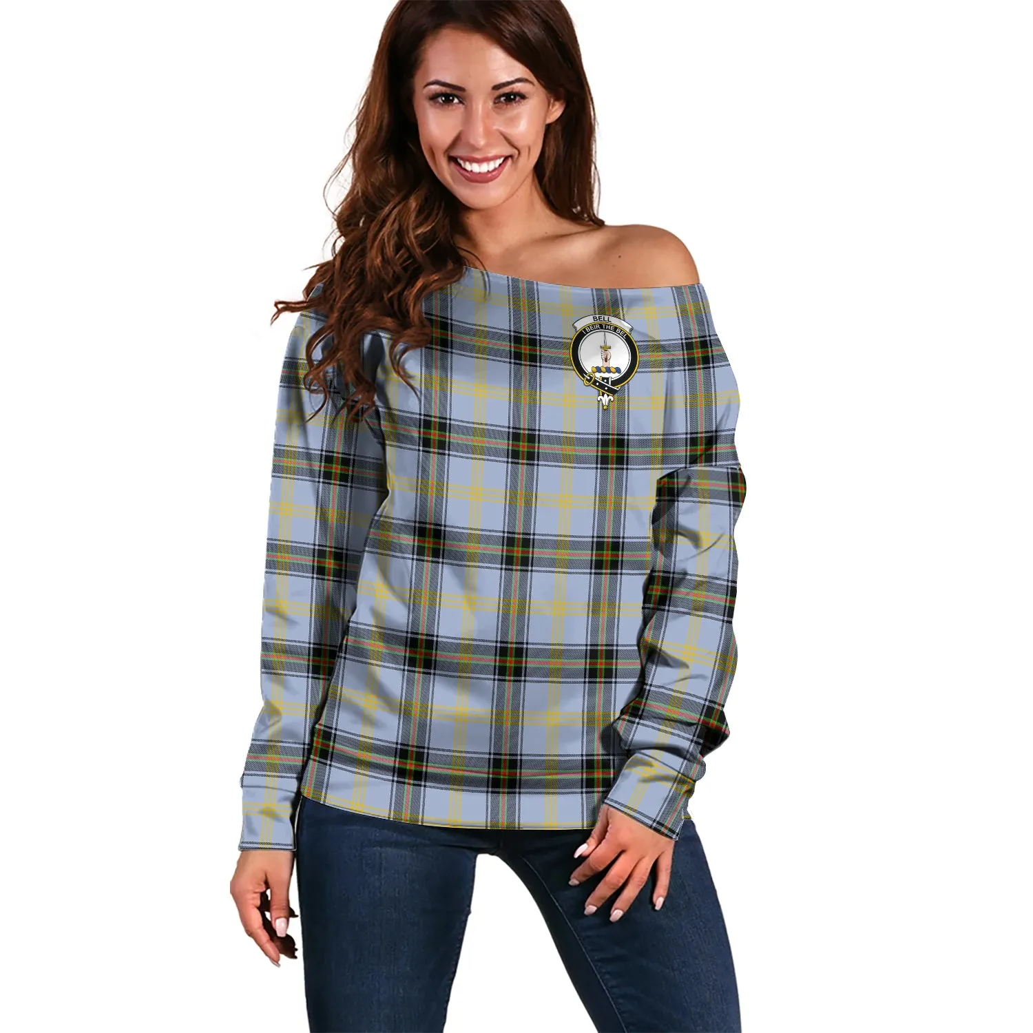 Bell Tartan Off Shoulder Women Sweater with Family Crest