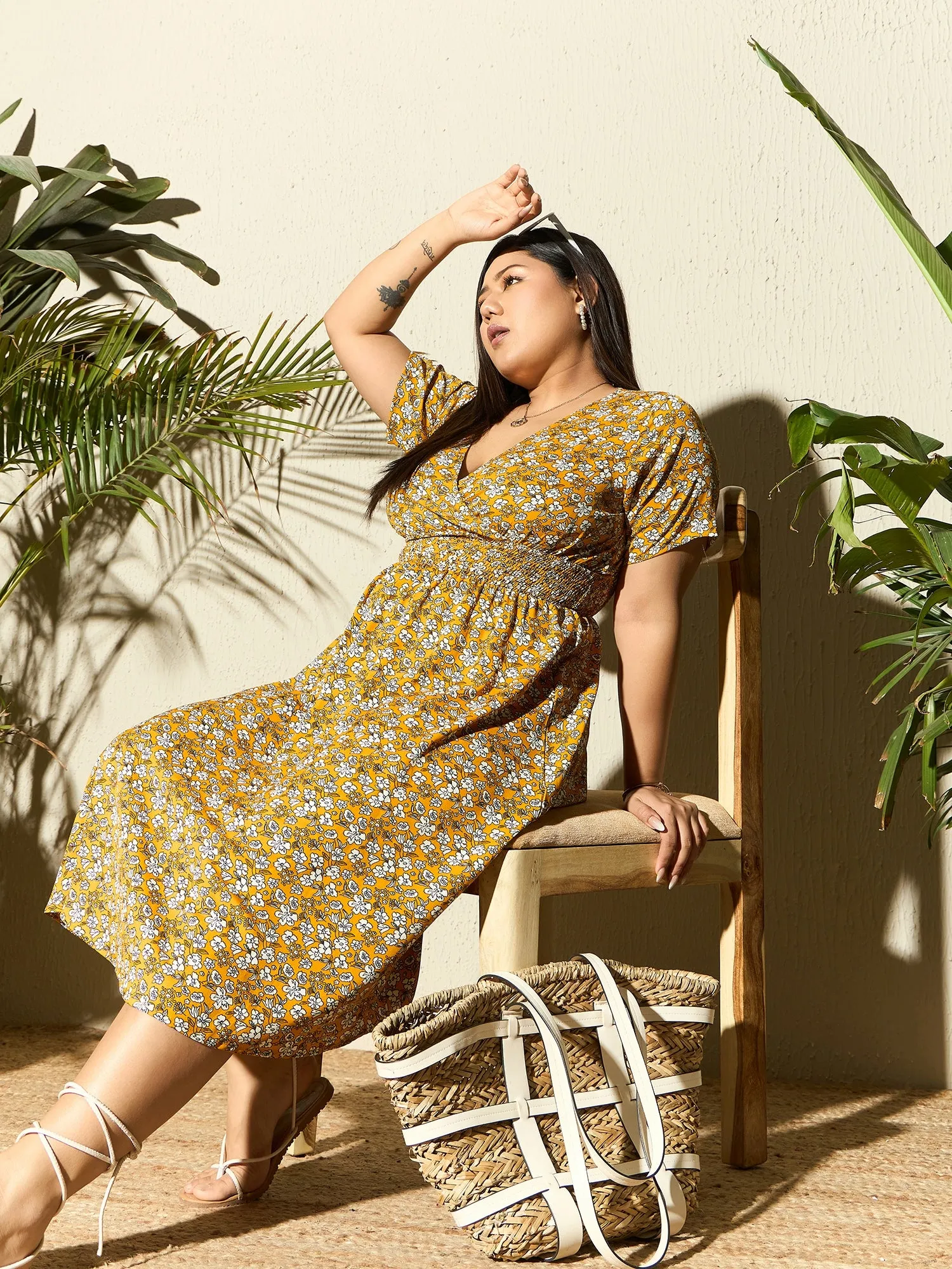 Berrylush Curve Women Mustard Yellow & White Floral Printed V-Neck Short Sleeves Wrap Smocked Fit & Flare Midi Dress