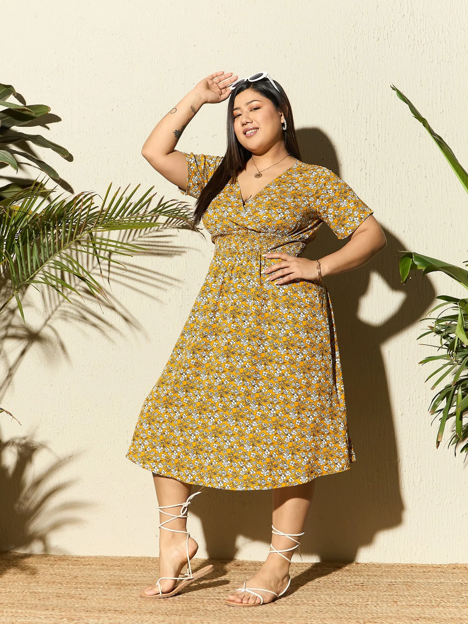 Berrylush Curve Women Mustard Yellow & White Floral Printed V-Neck Short Sleeves Wrap Smocked Fit & Flare Midi Dress