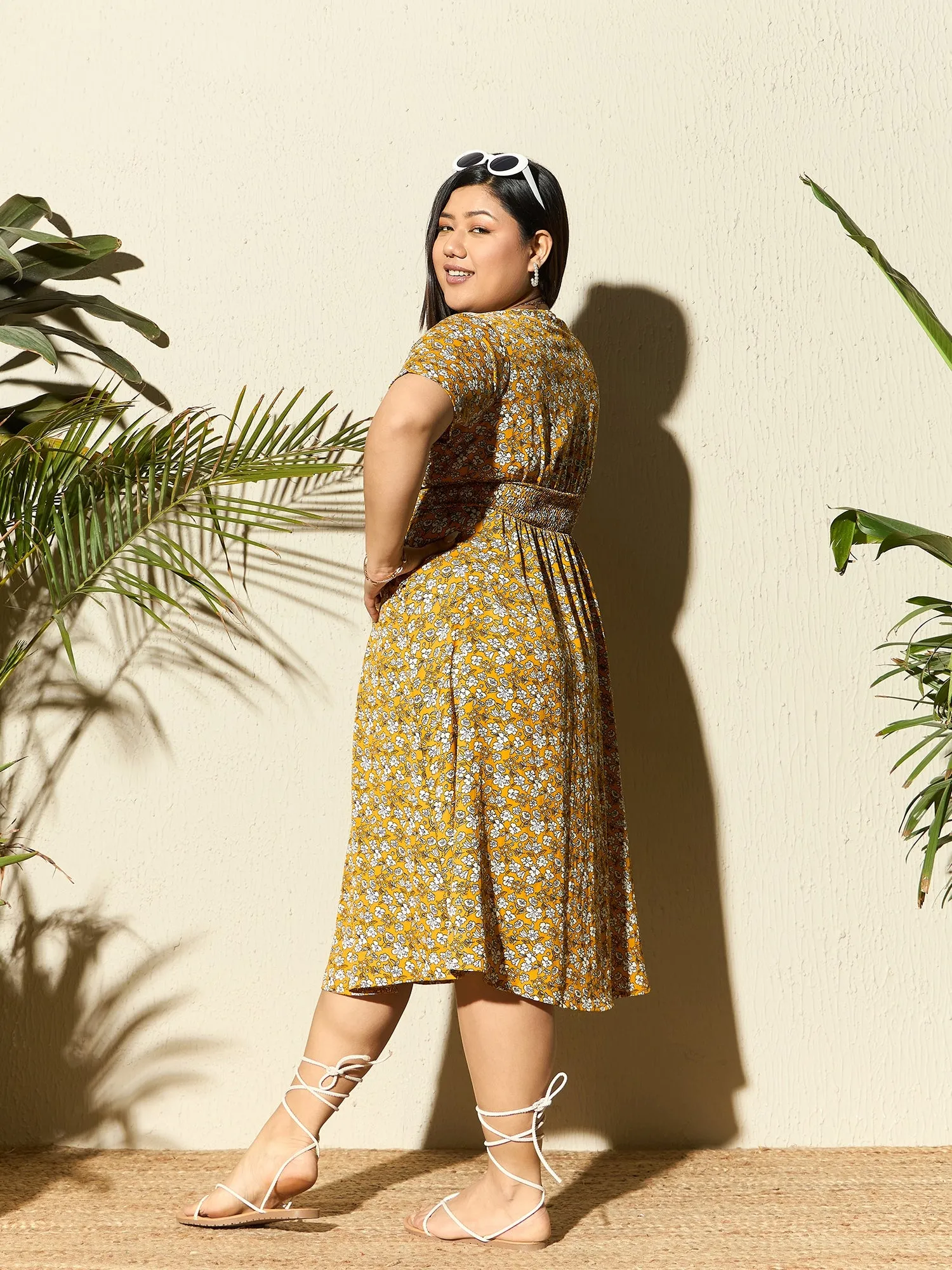 Berrylush Curve Women Mustard Yellow & White Floral Printed V-Neck Short Sleeves Wrap Smocked Fit & Flare Midi Dress