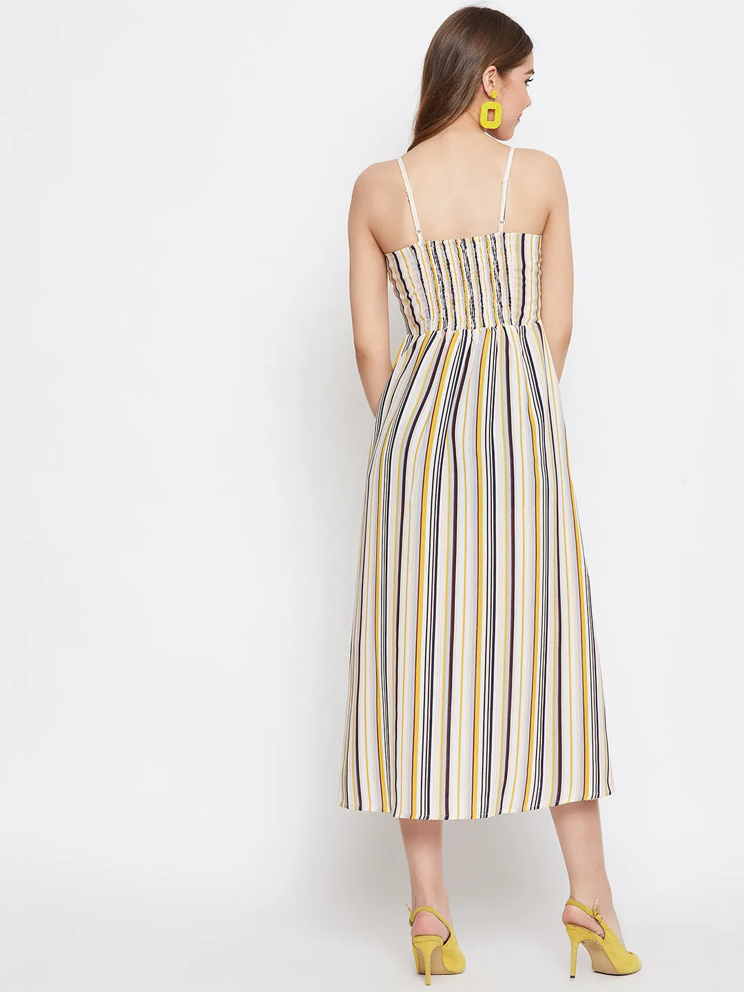 Berrylush Women Multicoloured Stripe Patterned Button-Up Flared A-Line Midi Dress