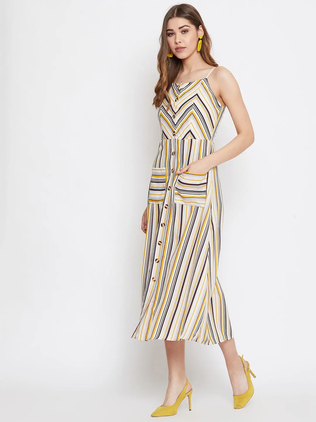 Berrylush Women Multicoloured Stripe Patterned Button-Up Flared A-Line Midi Dress